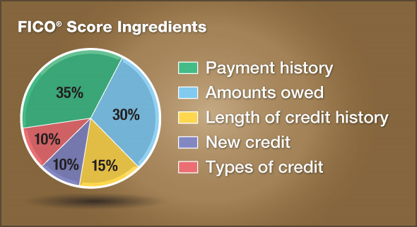 Fico Score Ingredients Pie Chart: 35% Payment History, 30% Amounts Owed, 15% Length of Credit History, 10% New Credit, and 10% Types of Credit